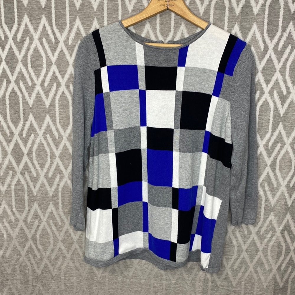 Liz Clairborne Crew Sweater Abstract Blue Black White Check 3/4 Sleeve XL
